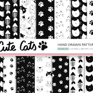 Papel Digital de Gatos Bonitos. Padrão Digital de Gato Sem Costura. Fundo de Silhueta de Gato. Papel Digital de Gato Preto e Branco Desenhado à Mão. Gatos Rabiscados