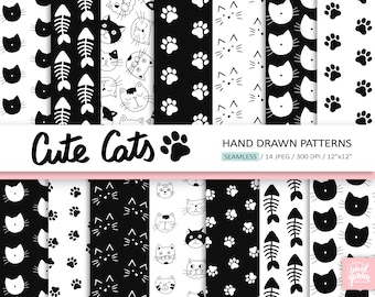 Cute Cats Digital Paper. Seamless Cat Digital Pattern. Cat Silhouette Background. Hand Drawn Black and White  Cat Digital Paper. Doodle Cats