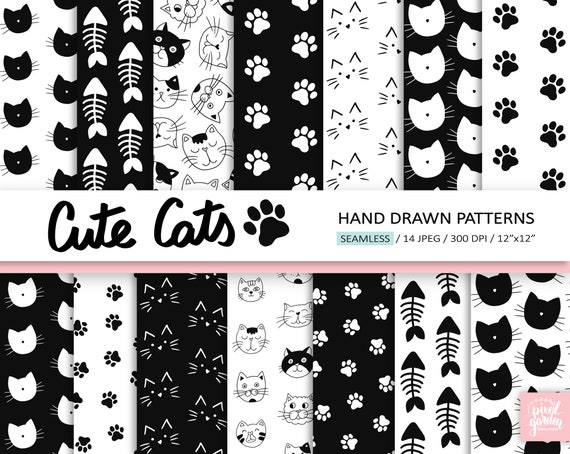 Cute Cats Digital Paper. Seamless Cat Digital Pattern. Cat Silhouette  Background. Hand Drawn Black and White Cat Digital Paper. Doodle Cats 