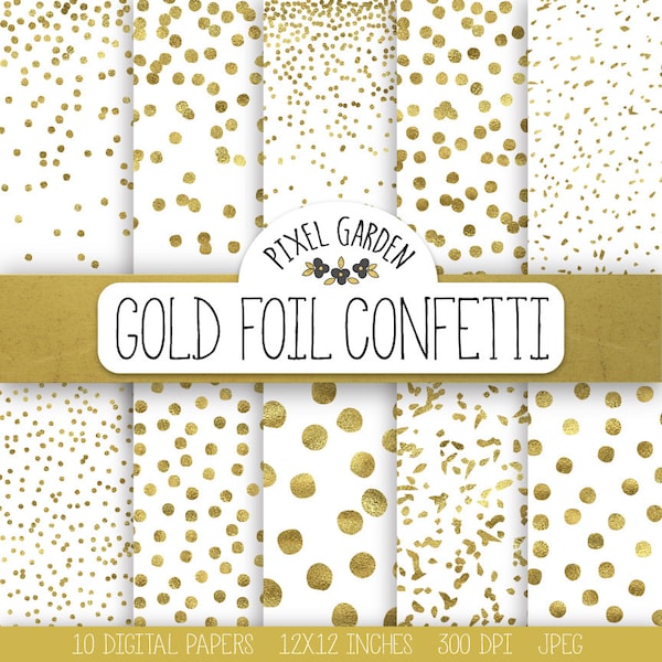 Gold Confetti Digital Paper. Gold Metallic Dot Confetti Scarpbooking Background. Gold Christmas Digital Paper. Gold Snow, Polka Dot Pattern.