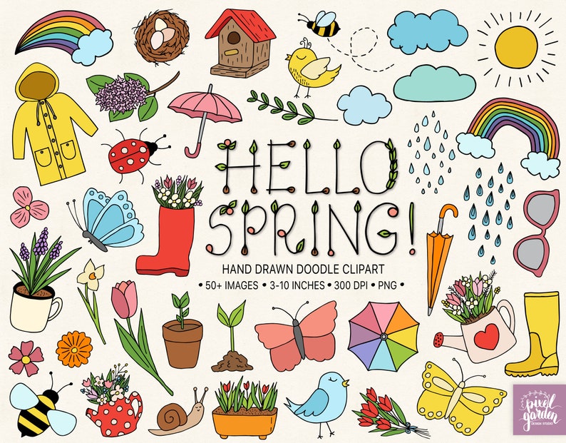 Spring Clipart. Hand Drawn Floral Clip Art. Rainbow Clipart. Rain Boots, Clouds, Weather Illustrations. Flower, Gardening Doodle Clipart. image 1
