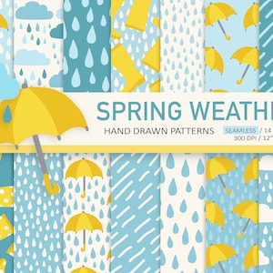 Rain Digital Paper. Raindrop, Umbrella, Could Patterns. Umbrellas & Rain Boots Background. Spring Weather, Autumn, Fall Rain Digital Paper.