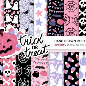 Purple Halloween Digital Paper. Hand Drawn Spooky Halloween Background. Cute Pink Seamless Ghost, Pumpkin, Candy Illustration Background.