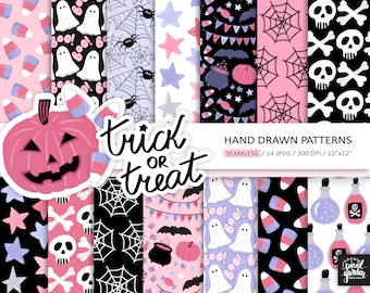 Purple Halloween Digital Paper. Hand Drawn Spooky Halloween Background. Cute Pink Seamless Ghost, Pumpkin, Candy Illustration Background.