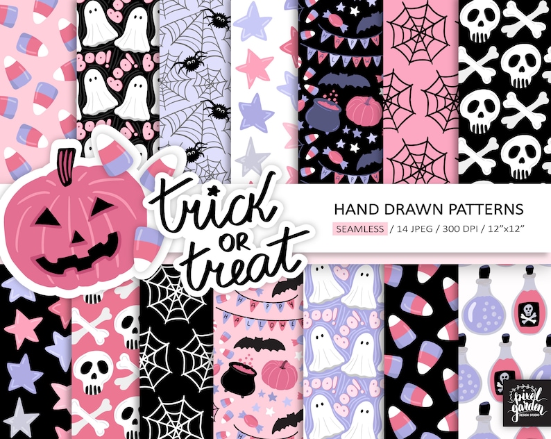 Purple Halloween Digital Paper. Hand Drawn Spooky Halloween Background. Cute Pink Seamless Ghost, Pumpkin, Candy Illustration Background. image 1