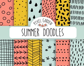 Mint Doodle Digital Papers. Hand Drawn Coral and Mint Patterns. Hand Drawn Chevron, Polka Dot, Stripes, Triangles in Seafoam and Coral.
