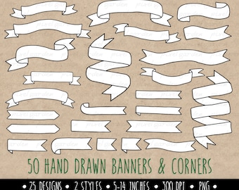 Hand Drawn Banners Clip Art. Doodle Ribbon Banners. White Banners Clipart. Black and White Digital Ribbons Clip Art. Vintage Banners Clipart
