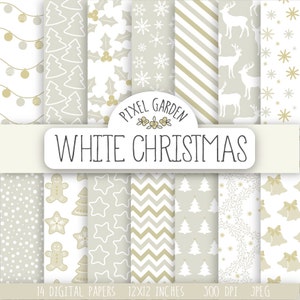 Papel Digital Branco de Natal. Creme, Padrões Dourados. Papel para Scrapbook de Férias de Inverno. Rena, Floco de Neve, Árvore de Natal, Fundo de Guirlanda