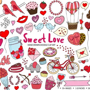 Clip Art de San Valentín dibujado a mano. Doodle Amor, Clipart de boda. Romance, Corazón, Flecha, Bicicleta, Magdalena, Ilustraciones De Boda Doodle PNG
