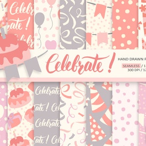 Birthday Digital Paper. Hand Drawn Seamless Party Digital Backdrop Celebration, Balloon, Banner, Confetti Pink, Gray Scrapbook Background.