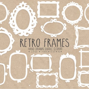May include: Set of 15 white hand-drawn doodle frames in various shapes and sizes. Retro Frames Hand Drawn Doodle Clipart.