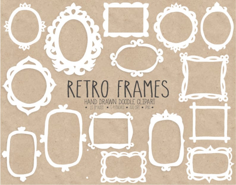 May include: Set of 15 white hand-drawn doodle frames in various shapes and sizes. Retro Frames Hand Drawn Doodle Clipart.