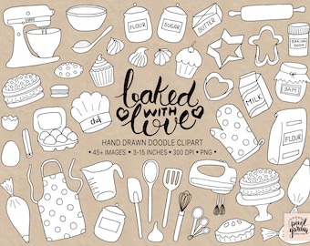 Baking Clipart. Hand Drawn Cake, Cookie, Meringue Clip Art. Bakery Clipart. Vintage Pie, Chef, Kitchen Illustration. Doodle Planner Stickers