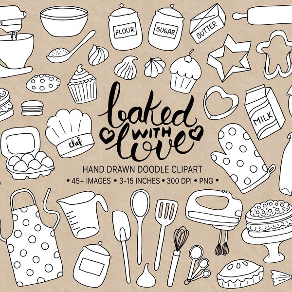 Baking Clipart. Hand Drawn Cake, Cookie, Meringue Clip Art. Bakery Clipart. Vintage Pie, Chef, Kitchen Illustration. Doodle Planner Stickers