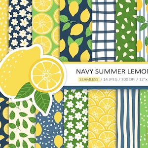 Papier numérique citron. Motif citron transparent. Papier imprimable agrumes, citron, feuilles. Papier de scrapbooking jaune, bleu marine, vert d'été, vichy