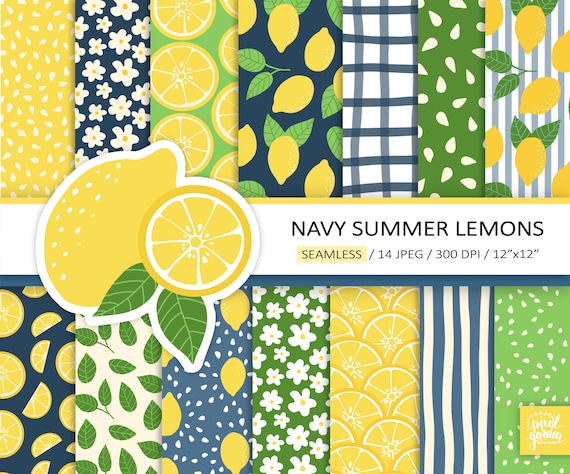 Lemon Digital Paper. Seamless Lemon Pattern. Citrus, Lemon, Leaves Printable Paper. Yellow, Navy, Green Summer, Gingham Scrapbooking Paper