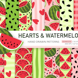 Watermelon Digital Paper. Summer Scrapbooking Paper. Seamless Watermelon Background. Hand Drawn Summer Fruit, Gingham, Seed, Heart Patterns.