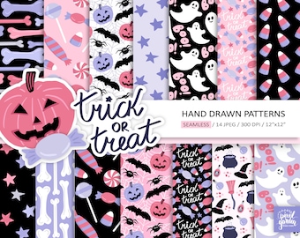 Cute Halloween Digital Paper. Hand Drawn Spooky Halloween Background. Pink, Orange Seamless Ghost, Pumpkin, Candy Illustration Background.