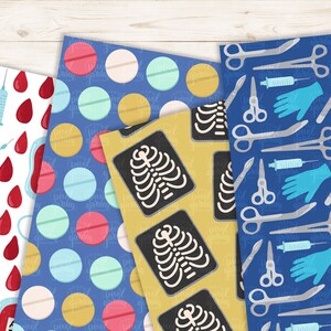 May include: Four different patterned paper designs featuring medical and healthcare themes. One design features red blood drops and syringes on a white background. Another design features blue, yellow, and white pills on a blue background. A third design features a yellow background with black and white x-ray images of ribs. The final design features a blue background with white medical tools, including syringes, scalpels, and gloves.