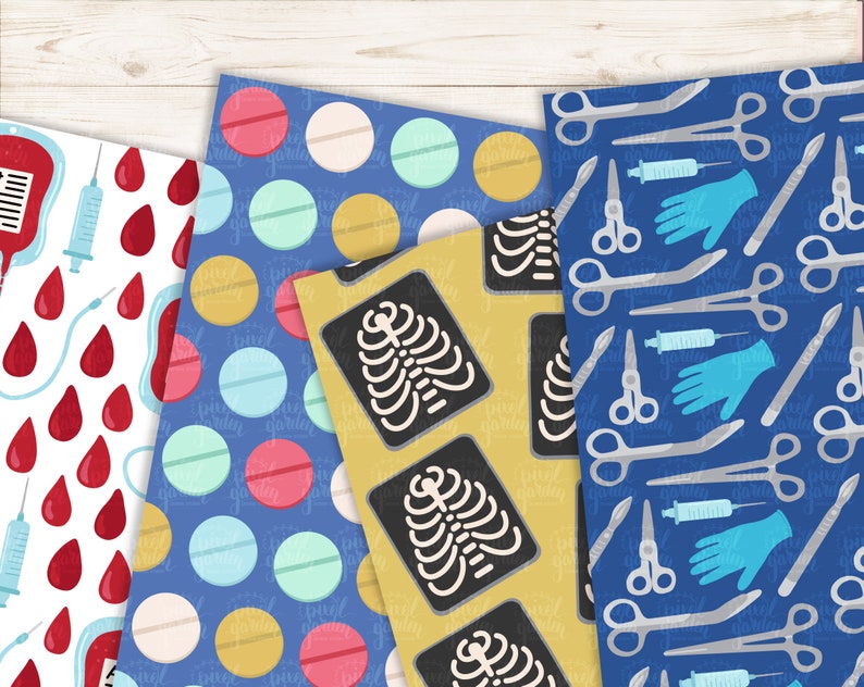 May include: Four different patterned paper designs featuring medical and healthcare themes. One design features red blood drops and syringes on a white background. Another design features blue, yellow, and white pills on a blue background. A third design features a yellow background with black and white x-ray images of ribs. The final design features a blue background with white medical tools, including syringes, scalpels, and gloves.