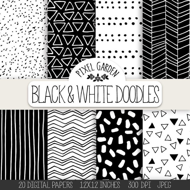 Hand Drawn Doodle Digital Paper. Black & White Geometric | Etsy
