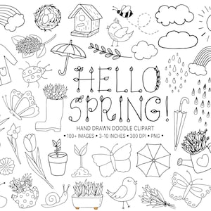 Clipart printemps noir et blanc. Clipart floral dessiné à la main. Arc-en-ciel, botte de pluie, nuage, illustrations météo. Fleur, jardinage, griffonnage Clipart