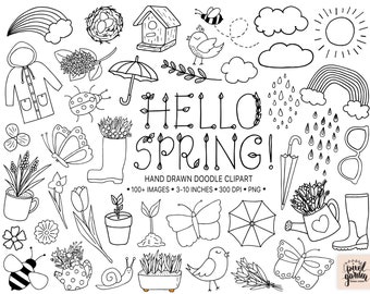 Black & White Spring Clipart. Hand Drawn Floral Clip Art. Rainbow, Rain Boot, Cloud, Weather Illustrations. Flower, Gardening Doodle Clipart