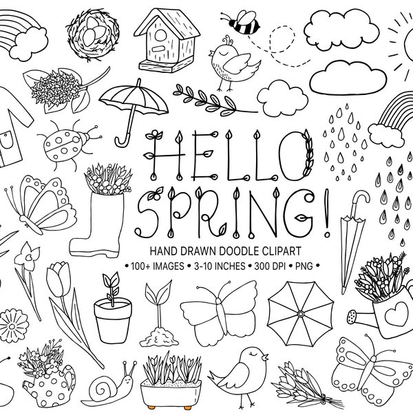 Black & White Spring Clipart. Hand Drawn Floral Clip Art. Rainbow, Rain Boot, Cloud, Weather Illustrations. Flower, Gardening Doodle Clipart