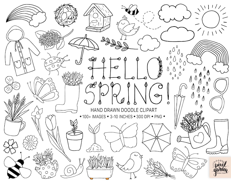 Black & White Spring Clipart. Hand Drawn Floral Clip Art. Etsy