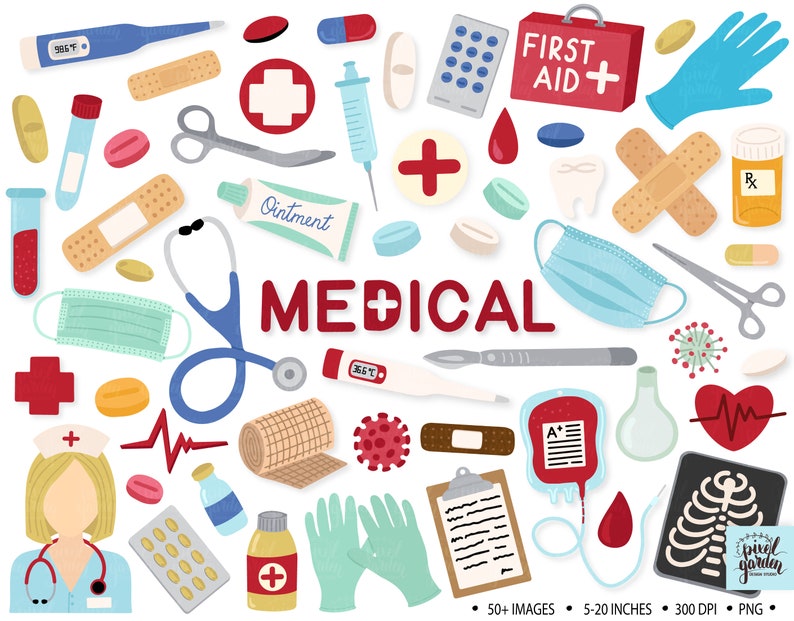 May include: A set of 50+ medical themed illustrations, including a first aid kit, bandages, a stethoscope, a thermometer, pills, a nurse, a blood bag, and an x-ray. The illustrations are in a cartoon style and are perfect for use in digital or printed projects.