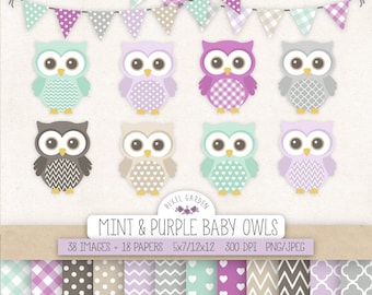 Owl Clipart. Baby Shower, Nursery Clip Art & Digital Paper. Mint, Purple, Gray, Lavender Backgrounds. Cute Baby Owls, Banners in Grey.