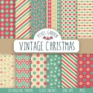 Vintage Christmas Digital Paper. Retro Holiday, Snowflake, Candy Scrapbooking Paper. Red, Teal Winter, Christmas, Snow Digital Patterns.