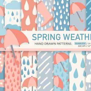 Rain Digital Paper. Raindrop, Umbrella, Could Patterns. Umbrellas & Rain Boots Background. Spring Weather, Autumn, Fall Rain Digital Paper.