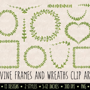 Digital Leaf Wreath and Laurel Clip Art. Green Laurel Wreath and Leaves Clipart. Vine Frames and Borders for Wedding, Cards and Scrapbooking