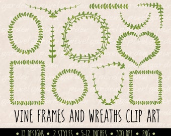 Digitale bladkrans en laurierillustraties. Groene lauwerkrans en bladeren clipart. Vine Frames en randen voor bruiloft, kaarten en scrapbooking