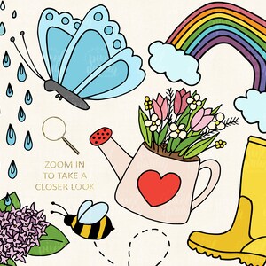 May include: A colourful illustration of a rainbow, a butterfly, a watering can with flowers, a bee, raindrops, and a yellow welly boot. The watering can has a red heart on it and the text "Zoom in to take a closer look".