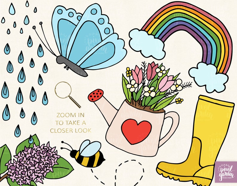May include: A colourful illustration of a rainbow, a butterfly, a watering can with flowers, a bee, raindrops, and a yellow welly boot. The watering can has a red heart on it and the text "Zoom in to take a closer look".