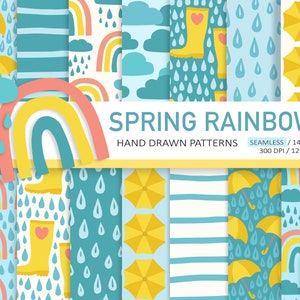 Rainbow Digital Paper. Rain, Umbrella, Could Patterns. Umbrellas & Rain Boots Background. Spring Weather, Autumn, Fall Rain Digital Paper.