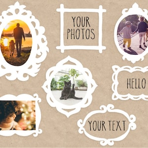 May include: A set of white decorative frames in various shapes and sizes. The frames are displayed against a brown background. Some frames contain text, such as "YOUR PHOTOS", "HELLO!" and "YOUR TEXT". Other frames feature images, including a family strolling along a beach, two children walking with a dog, and a cat sitting on a floor.