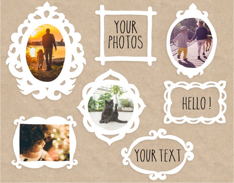 May include: A set of white decorative frames in various shapes and sizes. The frames are displayed against a brown background. Some frames contain text, such as "YOUR PHOTOS", "HELLO!" and "YOUR TEXT". Other frames feature images, including a family strolling along a beach, two children walking with a dog, and a cat sitting on a floor.