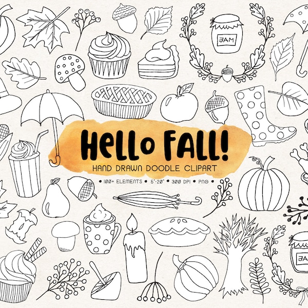 Hand Drawn Fall Clip Art. Doodle Autumn Clip Art. Thanksgiving Illustrations. Rain Boots, Umbrella, Pumpkin, Pie, Turkey, Fall Leaf Clipart.