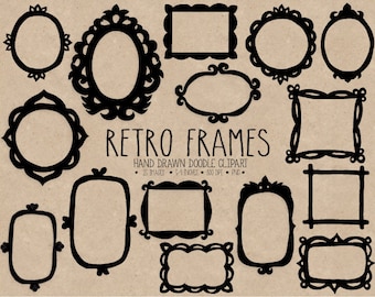 Vintage Frames Clip Art. Hand Drawn Black, White Photo Borders Clipart. Scrapbooking Tags, Labels. Digital Doodle Frames Clipart for Blog.