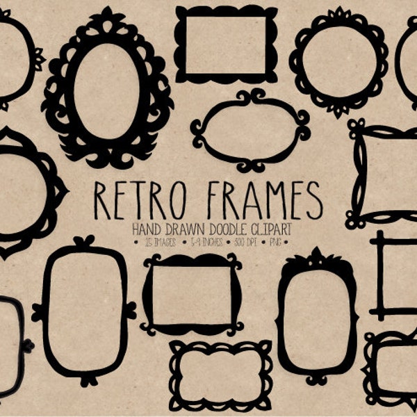 Vintage Frames Clip Art. Hand Drawn Black, White Photo Borders Clipart. Scrapbooking Tags, Labels. Digital Doodle Frames Clipart for Blog.