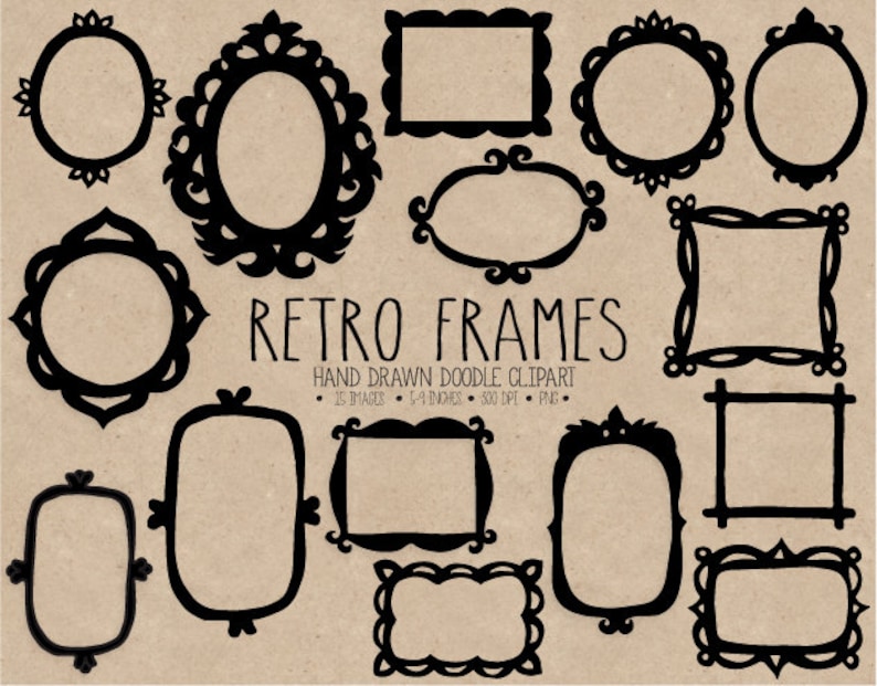 May include: A set of 15 black and white retro frames, hand-drawn in a doodle style. The frames are various shapes and sizes, including circles, ovals, squares, and rectangles. The text "RETRO FRAMES" is written in a handwritten font.
