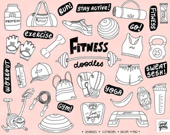 Hand Drawn Fitness Clip Art. Doodle Gym Equipment, Sports Illustrations for Planner Stickers. Dumbell, Healthy Lifestyle, Exercise Clipart.
