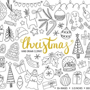 Clipart di Natale scarabocchiato. Illustrazioni di alberi di Natale, inverno in bianco e nero. Clip art di stelle, fiocchi di neve, pan di zenzero e ghirlande disegnati a mano.