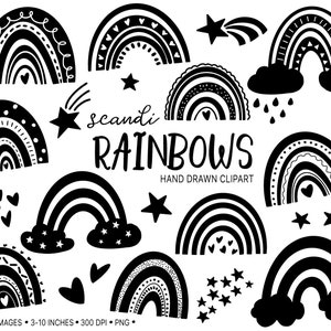 Clipart scandinave arcs-en-ciel. Art pour chambre d'enfant dessiné à la main. Illustrations bohèmes arc-en-ciel de griffonnage. Clipart minimaliste noir et blanc de bébé arc-en-ciel.