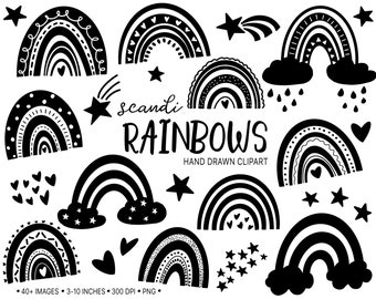 Scandinavian Rainbows Clip Art. Hand Drawn Nursery Art. Doodle Boho Rainbow Ilustrations. Minimalist Black and White Baby Rainbow Clipart.