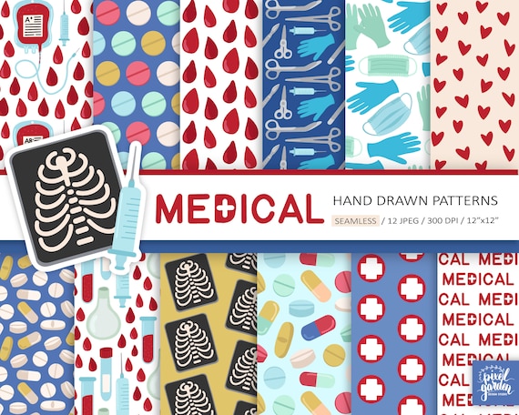 Medical Digital Paper. Nurse, Doctor Pattern. Hospital, Pills, Mask, Syringe Digital Background. Medicine, Healthcare Seamless Graphics JPEG