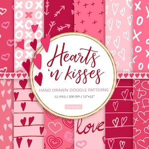 Valentinstag Digitales Papier. Minimalistische Liebe, Herz Hintergrund. Handgezeichnete Liebe, Herz, Xoxo nahtlose Muster. Pink, Fuchsia Doodles.